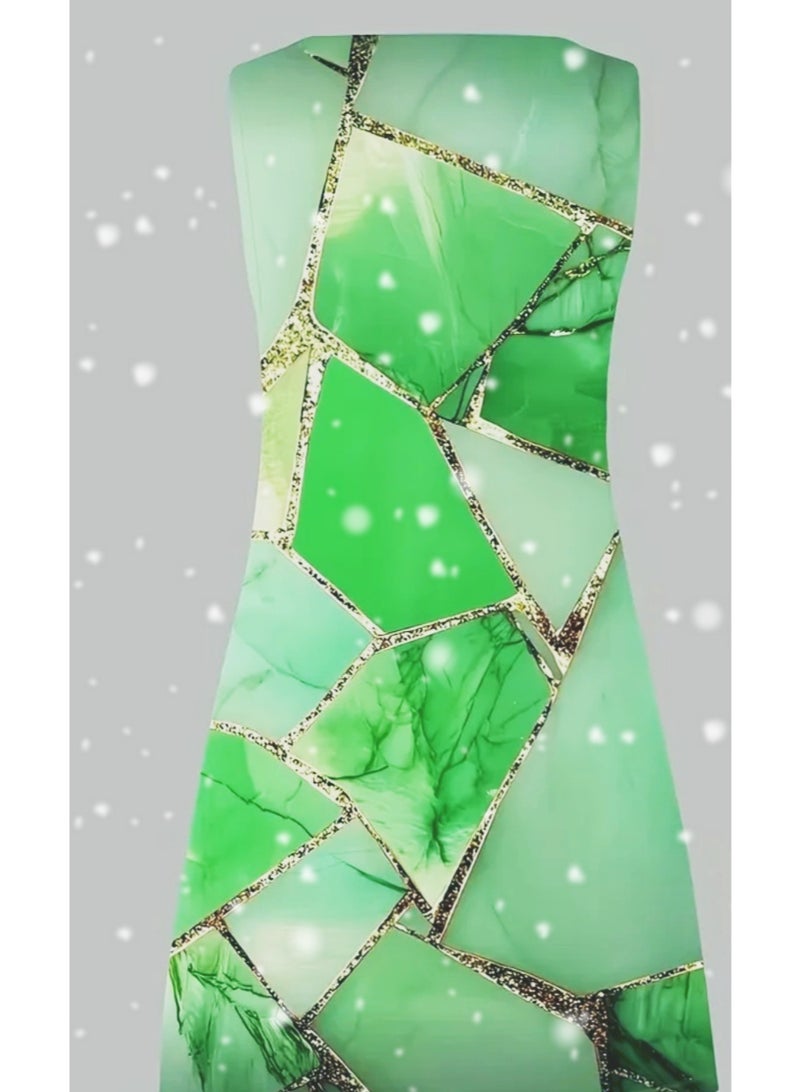 Elegant Summer Sleeveless Giometric pattern Emerald Green Golden Dress  Mid-length - Image 2